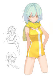 Rule 34 | 1girl, blue hair, breasts, brown eyes, cleavage, covered navel, cropped legs, hand on own hip, looking at viewer, noco (adamas), one-piece swimsuit, original, scarf, short hair, simple background, solo, swimsuit, yellow scarf