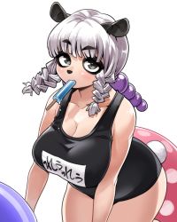Rule 34 | 1girl, absurdres, animal ears, animal nose, bare shoulders, black eyes, blunt bangs, blush, braid, breasts, character request, cleavage, collarbone, commentary request, commission, copyright request, dot nose, dripping, eyeliner, feet out of frame, food, food in mouth, fukumaaya, grey hair, highres, innertube, large breasts, leaning forward, long hair, looking at viewer, low-tied long hair, makeup, name tag, one-piece swimsuit, popsicle, rabbit tail, sidelocks, simple background, skeb commission, solo, swim ring, swimsuit, tail, tareme, thick thighs, thighs, twintails, white background