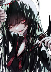 Rule 34 | 1girl, 33 gaff, absurdres, black hair, blood, blue archive, glowing, glowing eyes, highres, long hair, looking at viewer, parted lips, red eyes, sanpaku, sharp teeth, simple background, smile, solo, swept bangs, teeth, tsurugi (blue archive), upper body, white background