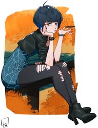 Rule 34 | 1girl, absurdres, black footwear, black hair, black pantyhose, black vest, boots, brown eyes, crossed legs, foliage, high heel boots, high heels, highres, holding, holding pen, l4wless, legs, looking at viewer, pantyhose, pen, persona, persona 5, red nails, short hair, sitting, sitting on fence, solo, spider web print, studded bracelet, takemi tae, torn clothes, torn pantyhose, vest