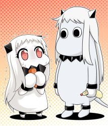 Rule 34 | (o) (o), 10s, 1girl, abyssal ship, carrot, commentary request, cosplay, covered mouth, dress, horns, kantai collection, long hair, mayonnaise, mittens, moomin, moomintroll, muppo, northern ocean hime (cosplay), northern ocean princess, red eyes, trembling, white dress, white hair, yamato nadeshiko