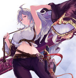 Rule 34 | 1girl, ahoge, armpits, bare shoulders, belt, braid, breasts, buckle, coat, collared shirt, crop top, floating hair, granblue fantasy, hair between eyes, holding, holding clothes, holding coat, large breasts, long hair, looking at viewer, midriff, navel, nos, open mouth, partially undressed, shirt, sidelocks, silva (granblue fantasy), silver hair, sleeveless, sleeveless shirt, solo, twin braids, underbust, very long hair, wide sleeves, wind, yellow eyes