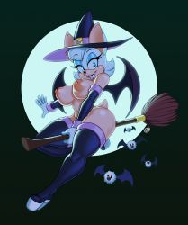 Rule 34 | 1girl, animal ears, ass, bat (animal), bat wings, blue eyes, boots, breasts, broom, daxzor, detached sleeves, furry, furry female, gloves, grin, hat, high heel boots, high heels, highres, large breasts, moon, navel, nipples, nude, puffy nipples, rouge the bat, sharp teeth, short hair, silver hair, smile, solo, sonic (series), teeth, thigh boots, thighhighs, white gloves, wings, witch hat