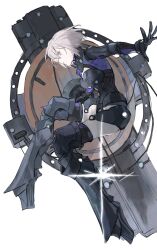 Rule 34 | 1girl, absurdres, armor, armored boots, armored leotard, black armor, black gloves, boots, fate/grand order, fate (series), full body, gauntlets, gloves, grey hair, highres, holding, holding shield, looking at viewer, mash kyrielight, mash kyrielight (ortenaus), mimulishizi, profile, purple eyes, shield, short hair, simple background, solo, white background