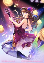 Rule 34 | 1girl, :d, beamed eighth notes, beamed sixteenth notes, bonner, breasts, brown hair, dress, earrings, fish earrings, full body, guitar, indoors, instrument, jewelry, mermaid, momoshiki tsubaki, monster girl, musical note, official art, open mouth, pink dress, purple eyes, seashell, shell, small breasts, smile, solo, treble clef, z/x