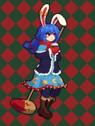 Rule 34 | 1girl, :&lt;, ambiguous red liquid, animal ears, black outline, blue dress, blue hair, brown footwear, checkered background, closed mouth, commentary, crescent print, dress, earclip, english commentary, full body, fur trim, gloves, green background, kine, low twintails, mallet, outline, pixel art, rabbit ears, rabbit girl, red background, red eyes, red gloves, rioku, seiran (touhou), solo, star (symbol), star print, touhou, twintails, two-tone background