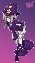 Rule 34 | 10s, 1girl, alternate costume, ass, bad id, bad tumblr id, bigdead, boots, breasts, hair over one eye, hat, highres, little witch academia, long hair, pale skin, police, police hat, police uniform, policewoman, purple hair, red eyes, solo, sucy manbavaran, underwear, undressing, uniform, watermark