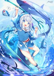Rule 34 | 1girl, a (phrase), animal costume, animal hood, blue eyes, blue hair, blue hoodie, claw pose, fins, fish bone, fish tail, gawr gura, gawr gura (1st costume), glowing, glowing eyes, hiroki ree, hololive, hololive english, hood, hoodie, long sleeves, multicolored hair, open mouth, panties, polearm, shark, shark costume, shark hood, shark tail, sharp teeth, shoes, signature, speech bubble, stitches, streaked hair, tail, teeth, trident, underwear, virtual youtuber, water, weapon, whirlpool, white hair
