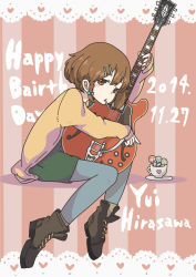 Rule 34 | 1girl, braid, brown eyes, brown hair, electric guitar, female focus, food, guitar, hair ornament, hairclip, happy birthday, highres, hirasawa yui, instrument, k-on!, looking at viewer, mouth hold, pantyhose, pocky, short hair, shorts, solo, yuuho