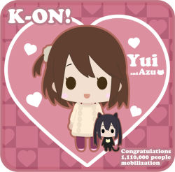 Rule 34 | 2girls, animal ears, artist request, cat ears, cat tail, character name, checkered background, chibi, copyright name, english text, flat color, heart, heart background, hirasawa yui, k-on!, k-on! movie, multiple girls, nakano azusa, pink background, pink theme, standing, tail