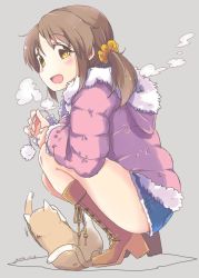 Rule 34 | 10s, 1girl, blush, boots, breasts, breath, cat, cross-laced footwear, dated, full body, fur trim, grey background, hood, hooded jacket, idolmaster, idolmaster cinderella girls, jacket, long hair, low twintails, open mouth, parka, pom pom (clothes), short shorts, shorts, solo, squatting, totoki airi, twintails, ueshita, yellow eyes