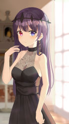 Rule 34 | 1girl, absurdres, bare arms, bare shoulders, black dress, black hair, blue eyes, blurry, blurry background, blush, breasts, closed mouth, cowboy shot, dress, earrings, hair ornament, hand up, heterochromia, highres, indoors, jewelry, large breasts, long hair, looking at viewer, original, puto (put to ), red eyes, solo, window