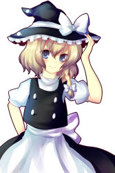 Rule 34 | 1girl, apron, bad id, bad pixiv id, blonde hair, blue eyes, bow, braid, female focus, hair bow, hand on headwear, hat, highres, kirisame marisa, looking at viewer, ribbon, short hair, side braid, simple background, smile, solo, touhou, uranaishi (miraura), witch, witch hat