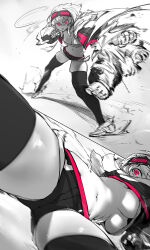 Rule 34 | 1girl, absurdres, black jacket, black shorts, black thighhighs, breasts, cleavage, clenched hands, cropped jacket, curvy, exercising, fighting stance, goggles, goggles on head, greyscale, hair over one eye, highres, jacket, long bangs, long sleeves, medium breasts, monochrome, motion blur, motion lines, multiple views, navel, niwamaru (niwarhythm), niwarhythm, original, pants, pink eyes, pink trim, punching, shiny skin, short hair, short shorts, shorts, solo, spinning, spot color, strapless, thick thighs, thighhighs, thighs, torn clothes, torn pants, tube top, underboob, white background, white footwear, white hair