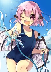 Rule 34 | 1girl, animal ears, bare arms, bare legs, bare shoulders, bird ears, bird wings, blue one-piece swimsuit, collarbone, commission, earrings, fang, feathered wings, fingernails, highres, holding, holding hose, hose, jewelry, kurasaki cosmos, long fingernails, mystia lorelei, nail polish, one-piece swimsuit, one eye closed, open mouth, pink eyes, pink hair, purple nails, school swimsuit, sharp fingernails, short hair, single earring, skeb commission, skin fang, smile, solo, swimsuit, touhou, water, white wings, wings