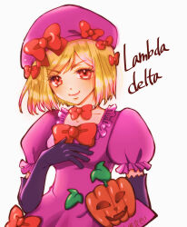 Rule 34 | 1girl, absurdres, beret, blonde hair, bow, breasts, character name, closed mouth, collarbone, dress, elbow gloves, eyelashes, frilled dress, frills, gloves, hair ornament, hand on own chest, hat, highres, jewelry, lambdadelta, looking at viewer, necklace, parted bangs, pink dress, pink hat, puffy short sleeves, puffy sleeves, pumpkin, red bow, red eyes, short hair, short sleeves, simple background, sirase souya, small breasts, smile, solo, umineko no naku koro ni, upper body, v-shaped eyebrows, white background
