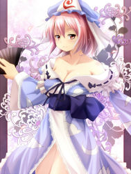 Rule 34 | 1girl, bare shoulders, breasts, cleavage, female focus, flower, folding fan, hand fan, hat, japanese clothes, large breasts, obi, pink hair, red eyes, saigyouji yuyuko, sash, short hair, smile, solo, sui. (ayase), touhou, triangular headpiece