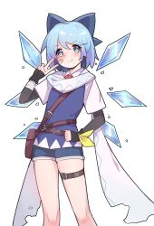 Rule 34 | 1girl, :&gt;, absurdres, adapted costume, ascot, bandaged arm, bandages, bandaid, bandaid on cheek, bandaid on face, belt, belt pouch, blue eyes, blue hair, blue shirt, blush, bow, cirno, collared shirt, feet out of frame, fingerless gloves, gloves, grey shorts, guming diban, hair bow, hand on own hip, highres, ice, ice wings, pouch, red ascot, scarf, shirt, short hair, short shorts, shorts, simple background, skindentation, solo, thigh belt, thigh strap, torn clothes, torn scarf, touhou, touhou hero of ice fairy, v, white background, white scarf, wings