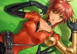 Rule 34 | 1boy, 1girl, animated, animated gif, armor, grabbing another&#039;s breast, breasts, censored, choker, clothed sex, cum, doggystyle, elbow gloves, game cg, gloves, grabbing, hetero, large breasts, lowres, mira (queen bonjourno), nipples, no bra, no panties, open clothes, open shirt, outdoors, queen bonjourno, red hair, sano toshihide, sex, sex from behind, shirt, vaginal