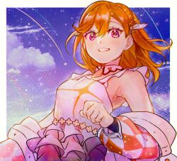Rule 34 | argyle clothes, armpits, blush, border, breasts, check commentary, clenched hand, clenched teeth, cloud, collar, commentary request, detached collar, dress, frilled dress, frilled skirt, frills, hair ornament, hajimari wa kimi no sora, heart, highres, jacket, looking at viewer, love live!, love live! superstar!!, medium hair, open clothes, open jacket, orange hair, purple eyes, shibuya kanon, shooting star, skirt, sky, sleeve cuffs, sleeveless, sleeveless dress, smile, solo, star (sky), star (symbol), starry sky, swept bangs, teeth, tsubaki no shioyaki, upper body, white border, white dress, white jacket