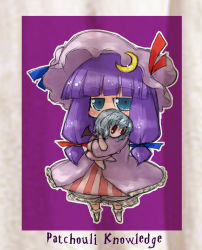 Rule 34 | 1girl, character doll, character name, chibi, crescent, crescent moon, doll, hugging doll, female focus, hat, jitome, moon, hugging object, patchouli knowledge, purple hair, remilia scarlet, silver hair, sketch, solo, tao, tao (kadoya), touhou