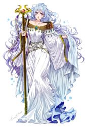 Rule 34 | 1girl, brooch, cape, deirdre (fire emblem), dress, fire emblem, fire emblem: genealogy of the holy war, highres, holding, holding cape, holding clothes, jewelry, long hair, looking at viewer, nintendo, purple eyes, simple background, solo, staff, tsuko (25mnts), very long hair, wavy hair, white background, white dress, white hair