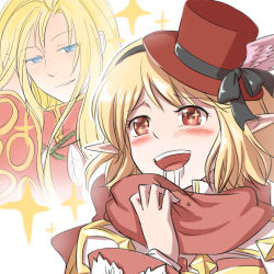 Rule 34 | 1boy, 1girl, ahat (ragnarok online), arch bishop (ragnarok online), black bow, blonde hair, blue eyes, blush, bow, cleavage cutout, clothing cutout, commentary request, cross, dress, drooling, grin, hat, hat bow, imagining, juliet sleeves, long hair, long sleeves, mini hat, natsuya (kuttuki), open mouth, pointy ears, puffy sleeves, ragnarok online, red eyes, red headwear, red scarf, scarf, short hair, simple background, smile, sparkle, star (symbol), star in eye, symbol in eye, top hat, two-tone dress, upper body, white background, white dress