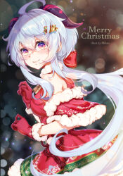 Rule 34 | 1girl, absurdres, ahoge, artist name, bare shoulders, bell, blue hair, blush, bow, breasts, chinese knot, christmas, detached sleeves, flower knot, from side, ganyu (genshin impact), genshin impact, gloves, hair ornament, highres, horns, long hair, looking at viewer, low ponytail, medium breasts, mihan77108047, neck bell, purple eyes, red gloves, santa costume, sidelocks, signature, smile, solo, upper body