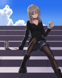 Rule 34 | 1girl, absurdres, beer can, black choker, black footwear, black pantyhose, black sweater, blue shorts, blue sky, boots, can, choker, closed mouth, cloud, collarbone, commentary request, day, denim, denim shorts, drink can, earclip, girls band cry, grey eyes, highres, holding, holding can, kawaragi momoka, kyouji44288608, light brown hair, long hair, long sleeves, looking at viewer, outdoors, pantyhose, shadow, shorts, sitting, sky, smile, solo, sweater