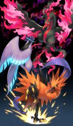 Rule 34 | blue eyes, closed mouth, commentary request, creatures (company), fire, galarian articuno, galarian form, galarian moltres, galarian zapdos, game freak, gen 8 pokemon, glowing, glowing eyes, highres, kemonomichi (blue black), leg up, legendary pokemon, looking to the side, nintendo, no humans, open mouth, pink fire, pokemon, pokemon (creature), talons, tongue, wings