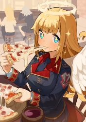 Rule 34 | 3girls, absurdres, angel, black dress, black footwear, black jacket, black necktie, black pants, black skirt, blonde hair, blue eyes, blush, breasts, closed mouth, commentary, dress, eating, english commentary, food, gold trim, greentanuki, grey hair, halo, highres, holding, holding food, holding pizza, jacket, lapels, long hair, long sleeves, looking at viewer, medium breasts, mixed-language commentary, multiple girls, necktie, on chair, on stool, original, pants, pizza, pizza slice, pleated skirt, red shirt, shirt, short sleeves, sidelocks, sitting, skirt, smile, solo focus, sparkle, star-shaped pupils, star (symbol), symbol-shaped pupils, table, white halo, white shirt, white wings, wings, wooden cup, yellow pupils