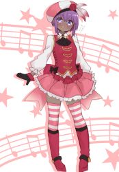 Rule 34 | 1girl, :d, ascot, beamed eighth notes, beret, black ascot, black gloves, blush, boots, collared shirt, colored shadow, cosplay, dark-skinned female, dark skin, drop shadow, eighth note, fate/grand order, fate/prototype, fate/prototype: fragments of blue and silver, fate (series), flower, flying sweatdrops, frilled skirt, frills, full body, gloves, hair between eyes, hassan of serenity (fate), hat, hat flower, helena blavatsky (fate), helena blavatsky (fate) (cosplay), helena blavatsky (that&#039;s so mahatmau2606) (fate), highres, i.u.y, knee boots, long sleeves, lostroom outfit (fate), musical note, open mouth, pink skirt, pleated skirt, puffy long sleeves, puffy sleeves, purple eyes, purple hair, quarter note, red flower, red footwear, red rose, red vest, rose, shadow, shirt, skirt, smile, solo, striped clothes, striped thighhighs, teeth, thighhighs, thighhighs under boots, upper teeth only, vest, white background, white shirt