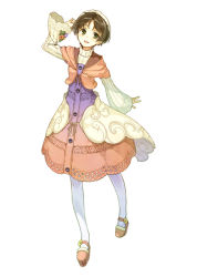 Rule 34 | 1girl, arm up, atelier (series), atelier ayesha, brown hair, dress, female focus, flower, frills, full body, green eyes, hat, hidari (left side), lace, lace-trimmed dress, lace trim, long sleeves, nio altugle, official art, pantyhose, platform footwear, ribbon, shoes, short hair, simple background, skirt, smile, solo, white background, white pantyhose