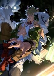Rule 34 | 2boys, absurdres, animal ears, bakugou katsuki, blonde hair, boku no hero academia, brown pants, chrispplus, clenched teeth, commentary, english commentary, freckles, ghost costume, green eyes, green hair, green jacket, halloween, halloween costume, highres, hood, hood up, hug, hug from behind, jacket, kemonomimi mode, lantern, looking at another, male focus, midoriya izuku, moon, multiple boys, open clothes, open jacket, open mouth, outdoors, pants, red eyes, red footwear, shoes, short hair, smile, spiked hair, teeth, torn clothes, twitter username, yaoi