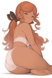 Rule 34 | 10s, 1girl, :o, arm support, ass, bad id, bad twitter id, bare arms, bare legs, bare shoulders, barefoot, black ribbon, blue eyes, blush, bra, breasts, dark skin, dark-skinned female, from behind, granblue fantasy, hair ribbon, hanarito, looking at viewer, low twintails, orange hair, panties, parted lips, ribbon, sara (granblue fantasy), sidelocks, sitting, small breasts, soles, solo, tan, tanline, thighs, toes, twintails, underwear, underwear only, white bra, white panties, yokozuwari