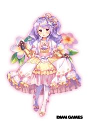 Rule 34 | 1girl, bead necklace, beads, bow, dress, flower, flower knight girl, footwear bow, frills, full body, gauntlets, hair bow, highres, jewelry, layered dress, long hair, looking at viewer, mask, name connection, necklace, object namesake, official art, pantyhose, pink bow, plumeria (flower knight girl), purple hair, shoes, shouni (sato3), skirt hold, smile, solo, standing, white pantyhose, yellow eyes