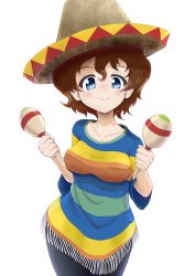 Rule 34 | 1girl, absurdres, akaboshi koume, bad id, bad twitter id, black pants, blue eyes, blush, brown hair, brown hat, closed mouth, commentary request, cowboy shot, daxz240r, fringe trim, girls und panzer, hat, highres, holding, instrument, light blush, looking at viewer, maracas, multicolored stripes, pants, shirt, short hair, short sleeves, simple background, smile, solo, sombrero, standing, striped clothes, striped shirt, wavy hair, white background