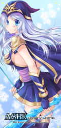 Rule 34 | 1girl, armor, arrow (projectile), ashe (league of legends), blue eyes, blue skirt, blue thighhighs, blush, bow (weapon), breasts, capelet, dress, fingerless gloves, gloves, holding, holding weapon, hood, large breasts, league of legends, looking at viewer, perky breasts, pleated skirt, ratise, shoulder pads, sideboob, skirt, standing, thighhighs, weapon, white hair, zettai ryouiki
