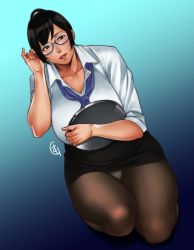 Rule 34 | 1girl, black eyes, black hair, breasts, ganto, gradient background, holon, kneeling, large breasts, office lady, panties, panties under pantyhose, pantyhose, parted lips, pencil skirt, plump, ponytail, real drive, skirt, solo, thick thighs, thighs, underwear