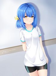 Rule 34 | 1girl, arm at side, arm behind back, black shorts, blue hair, highres, indoors, medium hair, shirt, short twintails, shorts, solo, standing, t-shirt, twintails, watermark, white shirt, yellow eyes, zet (zetart)