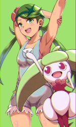 Rule 34 | 1girl, :d, arm behind back, armpits, arms up, asada yo, blush, collarbone, cowboy shot, creatures (company), game freak, gen 7 pokemon, green background, green eyes, green hair, grey shirt, grey shorts, highres, long hair, looking at viewer, mallow (pokemon), nintendo, open mouth, pokemon, pokemon (anime), pokemon (creature), pokemon sm (anime), shiny skin, shirt, short shorts, shorts, simple background, sleeveless, sleeveless shirt, smile, standing, steenee, swept bangs, twintails