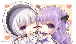 Rule 34 | 2girls, ;d, ;o, ahoge, azur lane, bad id, bad pixiv id, bare shoulders, black bow, black ribbon, blunt bangs, blush, bow, breasts, chibi, commentary request, dress, elbow gloves, gloves, hair bun, hat, heart, holding hands, illustrious (azur lane), interlocked fingers, long hair, medium breasts, multiple girls, one eye closed, one side up, open mouth, parted lips, purple eyes, purple hair, ribbon, side bun, silver hair, single hair bun, single side bun, smile, strapless, strapless dress, unicorn (azur lane), very long hair, white dress, white gloves, white hat, yukiyuki 441