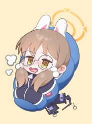 Rule 34 | 1girl, @ @, animal ears, blue archive, blush, brown hair, cheenack, chibi, drooling, fake animal ears, glasses, halo, highres, long hair, moe (blue archive), mouth drool, open mouth, rabbit ears, round eyewear, simple background, solo, twintails, yellow background, yellow eyes, yellow halo