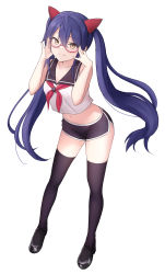 Rule 34 | 1girl, aura (aurapls), bare arms, bare shoulders, black footwear, black shorts, black thighhighs, blue hair, breasts, collarbone, commission, crop top, dolphin shorts, fairy tail, full body, glasses, hair ornament, hands up, highres, leaning forward, loafers, long hair, looking at viewer, midriff, navel, neckerchief, revealing clothes, sailor collar, sailor shirt, semi-rimless eyewear, shirt, shoes, short shorts, shorts, simple background, sleeveless, sleeveless shirt, small breasts, smile, solo, standing, stomach, thighhighs, thighs, twintails, under-rim eyewear, very long hair, wendy marvell, white background, white shirt, yellow eyes
