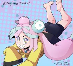 Rule 34 | 1girl, absurdres, barefoot, blue hair, character hair ornament, creatures (company), diegoandsmtz, game freak, grin, hair ornament, highres, iono (pokemon), long hair, looking at viewer, lying, multicolored hair, nintendo, on stomach, pink eyes, pink hair, pokemon, pokemon sv, sharp teeth, signature, sleeves past fingers, sleeves past wrists, smile, solo, teeth, the pose, twitter username, two-tone hair, very long hair