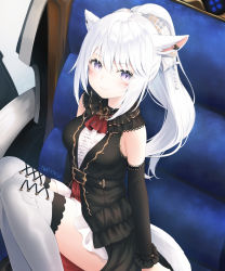 Rule 34 | + +, 1girl, animal ears, warrior of light (ff14), bad id, bad pixiv id, black sleeves, black vest, bow, cat ears, cat girl, cat tail, commentary request, detached sleeves, facial mark, final fantasy, final fantasy xiv, hair between eyes, hair bow, highres, kanora, knees up, long hair, looking at viewer, miqo&#039;te, ponytail, purple eyes, shirt, sidelocks, signature, sitting, skirt, sleeveless, sleeveless shirt, smile, solo, tail, thighhighs, vest, whisker markings, white hair, white shirt, white skirt, white thighhighs