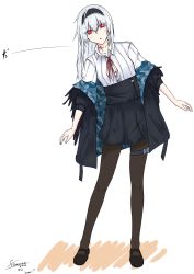 Rule 34 | 1girl, absurdres, black footwear, black pantyhose, blouse, blue jacket, blue skirt, blush, farena, girls&#039; frontline, hairband, highres, jacket, jacket on shoulders, long hair, looking at viewer, necktie, pantyhose, red eyes, scar, scar on neck, shirt, shoes, silver hair, skirt, solo, thigh strap, thighhighs, thunder (girls&#039; frontline), white background, white shirt