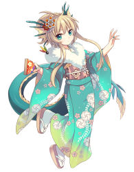 Rule 34 | 1girl, aqua eyes, ball, blonde hair, character request, expressionless, floral print, flower, full body, furisode, hair flower, hair ornament, highres, holding, horns, japanese clothes, kimono, long hair, long sleeves, nail polish, obi, official art, paddle, sandals, sash, sidelocks, simple background, solo, table tennis ball, table tennis paddle, tail, white background, wide sleeves, youkai hyakki-tan!