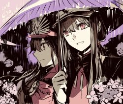 Rule 34 | 1boy, 1girl, :d, black coat, brother and sister, brown hair, closed mouth, coat, dated, fate/grand order, fate (series), flower, gloves, hat, holding, holding umbrella, jacket, long sleeves, low ponytail, oda nobukatsu (fate), oda nobunaga (fate), oda nobunaga (koha-ace), open mouth, peaked cap, purple umbrella, rain, red eyes, red jacket, rioka (southern blue sky), siblings, signature, smile, umbrella, white gloves