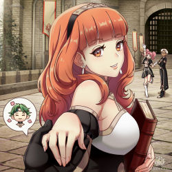 Rule 34 | &gt; &lt;, 2boys, 2girls, alm (fire emblem), arm up, black gloves, black hairband, black skirt, black sleeves, blue eyes, boey (fire emblem), breasts, brown eyes, brown hair, celica (fire emblem), crossed arms, dark-skinned male, dark skin, day, detached sleeves, earrings, fire emblem, fire emblem: three houses, fire emblem echoes: shadows of valentia, garreg mach monastery uniform, gloves, grin, hairband, highres, holding, holding hands, jewelry, long hair, long sleeves, looking at viewer, looking back, mae (fire emblem), medium breasts, miniskirt, multiple boys, multiple girls, nintendo, outdoors, outstretched hand, pink hair, pov, silver hair, skirt, smile, solo focus, standing, standing on one leg, twintails, waving, white gloves, zedoraart